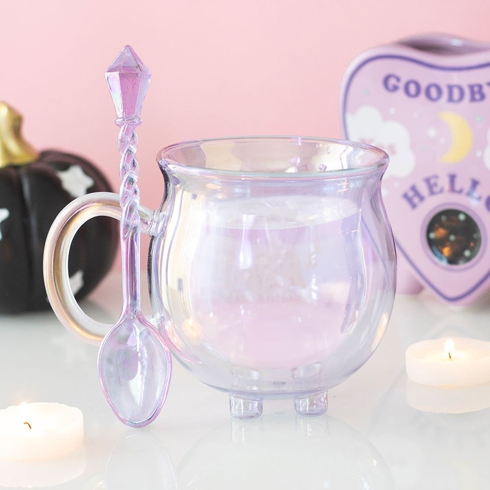 Something Different - Purple Double Walled Glass Cauldron Mok/beker met lepel set - Multicolours
